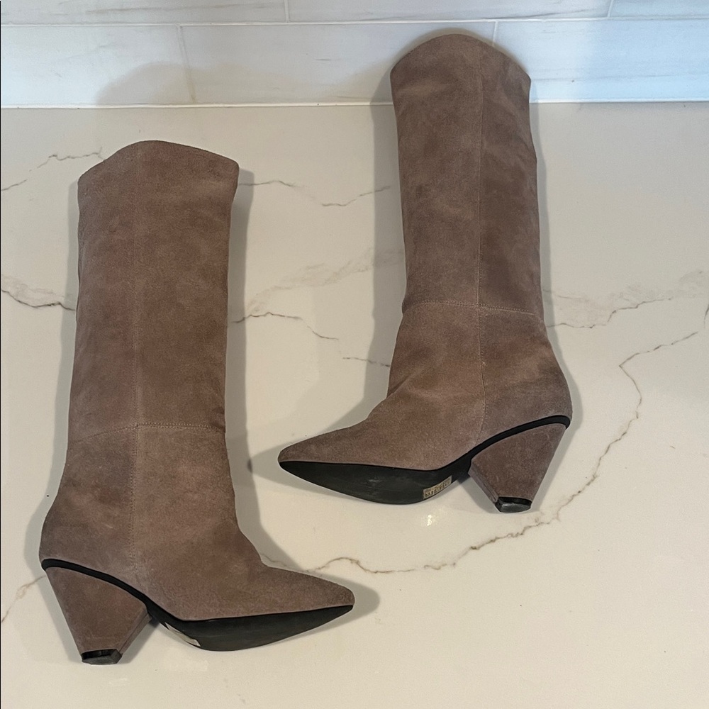 Jeffrey Campbell Senita Tall Suede Taupe Boots Anthropologie 6.5 - Picture 12 of 14